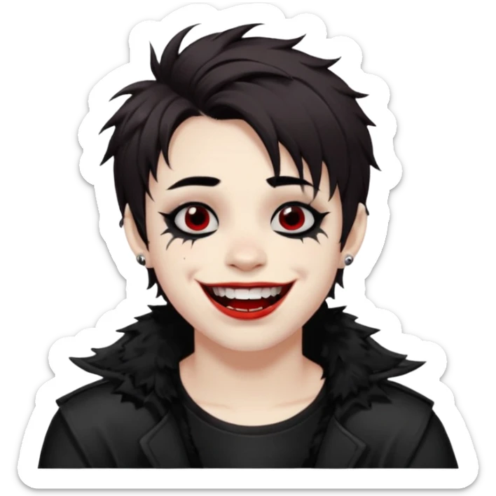 Laughing pale Goth boy with piercings, with shaggy dark brown hair, and messy black eyeliner , smudged, red, lipstick  sticker