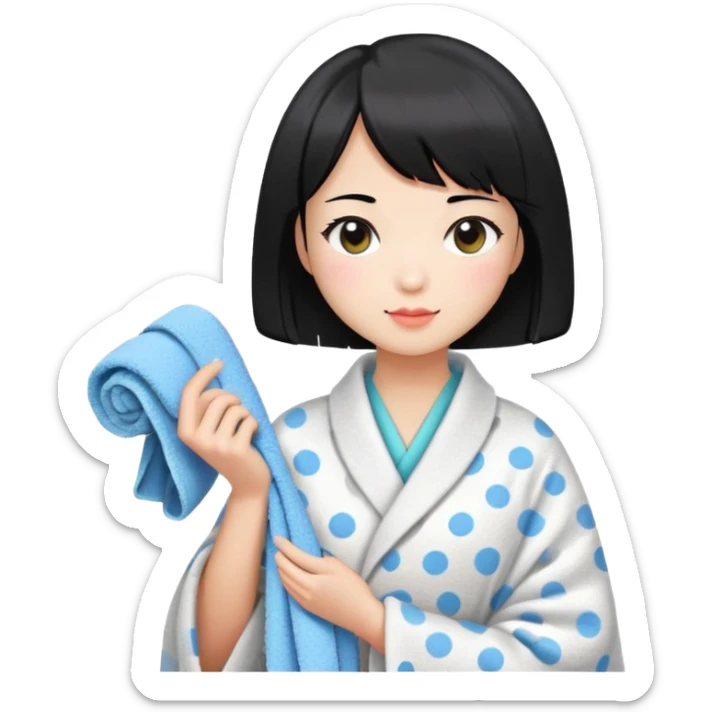girl with black bob-cut hair, dotted coat, Chinese appearance, holding a towel, looking like a masseuse sticker