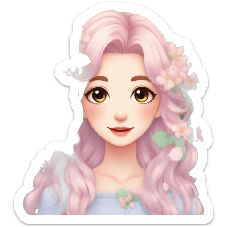 Gorgeous Pastel Anime-Style Lady with beautiful hair flower petals leaves cottagecore fairycore pastelcore kawaii aesthetic trending style sticker
