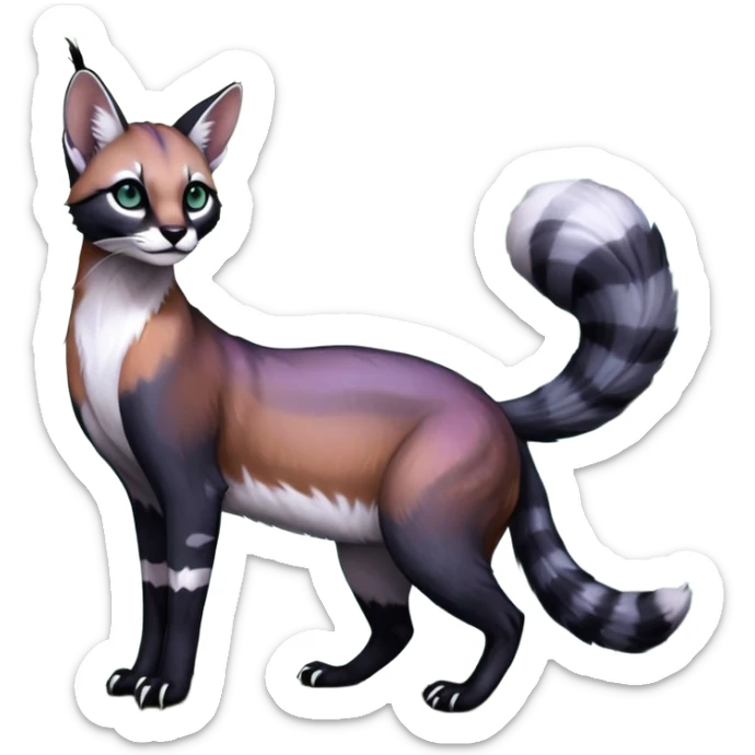 Colorful dark black gloomy spooky pointy foggy smoky points-marked white glorious iridescent divine exotic cute cool beautiful beautiful fantasy-caracal-civet-genet-sergal-vernid-Cacomistle-Trico-oncilla-animal-Fakémon-hybrid-fursona (full body) sticker