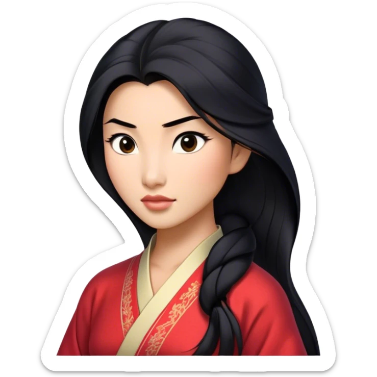 Cinematic Realistic Mulan Portrait, depicted with lifelike skin texture, soft natural lighting, and intricately detailed long black hair styled elegantly. Her deep, expressive eyes exude determination and grace, complemented by a serene yet confident expression. She is dressed in her classic attire, with rich fabric textures and delicate folds that catch the light beautifully. The portrait features a soft, enchanting glow with a natural, radiant finish, capturing the essence of timeless strength and beauty in a realistic and painterly style, evoking a sense of depth and authenticity. sticker