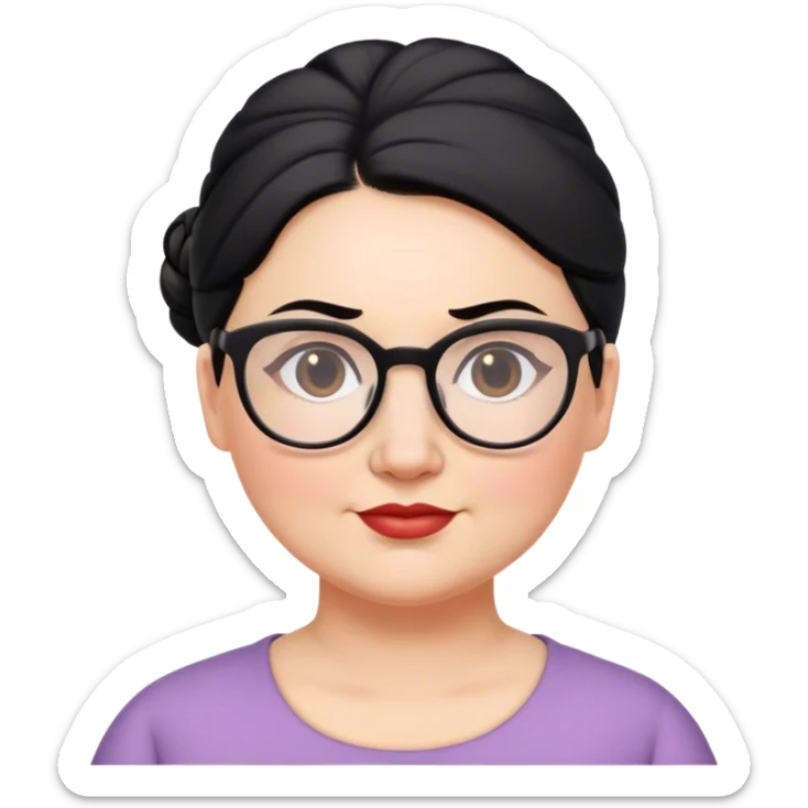 middle aged pale chubby female teacher with black hair in a updo bun, wearing glasses sticker