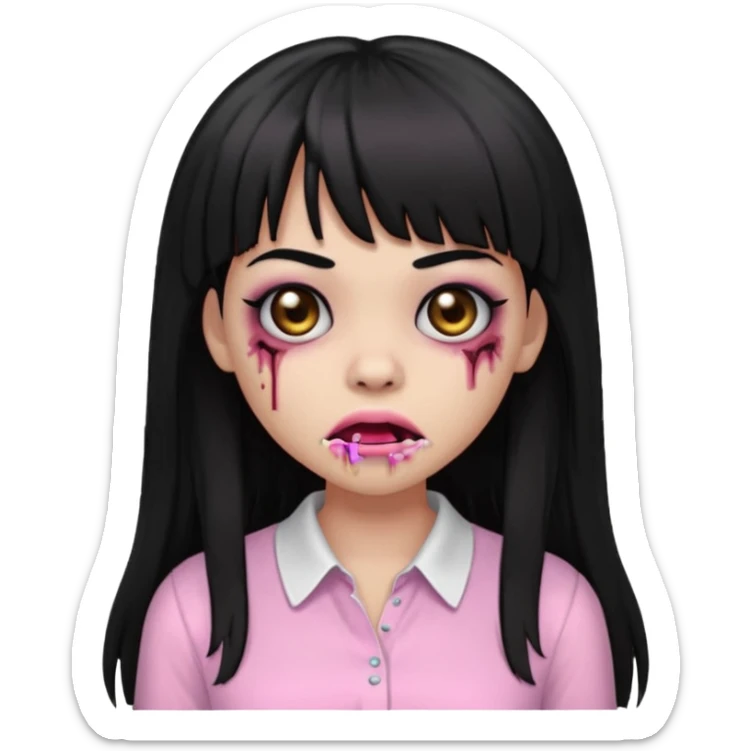 light-skinned Black zombie girl emoji, black eyes, long black hair with bangs, light pink blouse, stitched mouth sticker