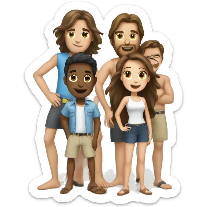 make an emoji where you are standing three brunette guys and one girl with long brunette hair, and around the sea, palm trees sticker