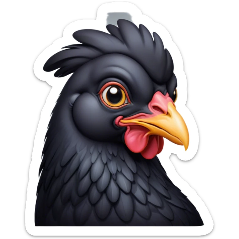 Cinematic Noble Black Chicken Portrait Emoji, Poised and regal, with a compact, sturdy build and a glossy, well-groomed pure black plumage, deep-set soulful beady eyes, Simplified yet sharp and sophisticated features, highly detailed, glowing with a soft, dignified glow, high shine, intelligent and alert, stylized with an air of mysterious elegance, focused and attentive, soft glowing outline, capturing the essence of a watchful and confident fowl, so majestic it feels as though it could strut out of the screen with effortless authority! sticker