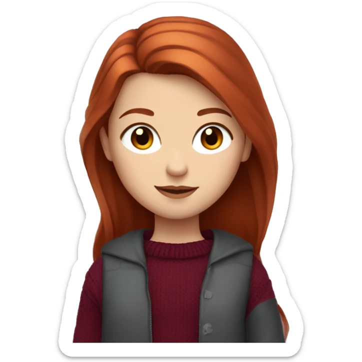 redhead girl with grey eyes with long hair and Dyson styling in a burgundy sweater and a rat on her shoulder sticker
