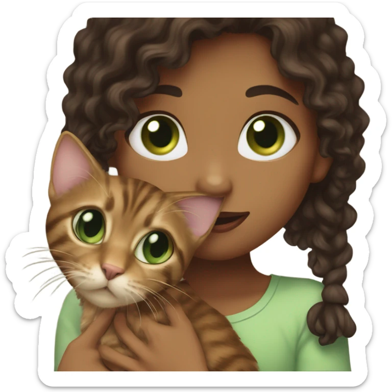 Long, dark brown, curly haired girl with hazel eyes kissing a brown tabby cat with green eyes on its head sticker