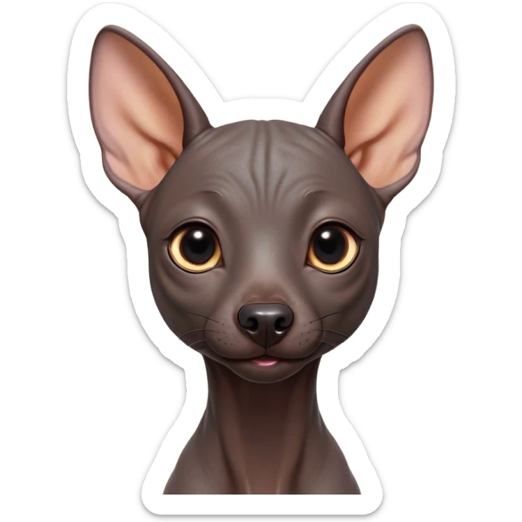Cinematic Cute Xoloitzcuintle Portrait Emoji, Head tilted playfully and inquisitively, featuring smooth, hairless ebony skin with distinctive, artistic wrinkles, round, sparkling dark eyes filled with curiosity, Simplified yet irresistibly adorable features, highly detailed, glowing with a warm, friendly glow, high shine, affectionate and spirited, stylized with a touch of whimsy, bright and endearing, soft glowing outline, capturing the essence of a mischievous yet loving companion, so playful it feels like it could trot out of the screen and into your arms! sticker