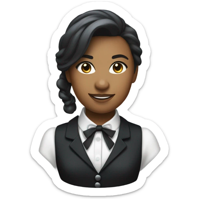 a female butler with a professional and elegant demeanor. She has her hair neatly tied in a ponytail and wears a classic butler uniform, including a tailored vest, crisp white shirt, and bow tie. sticker