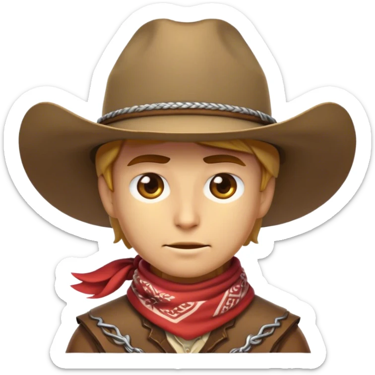 Clash of Clans aesthetic friendly Cowboy Portrait Emoji, With a rugged yet stylized build wearing a classic wide-brimmed hat and bandana, his face rendered in a natural skin tone (not yellow), determined eyes and a steely gaze, Simplified yet dynamic features, highly detailed, glowing with a warm, sunlit frontier radiance, high shine, brave and spirited, stylized with an air of Wild West heroism, focused and ready, soft glowing outline, capturing the essence of a fearless cowboy adventurer ready to ride into epic quests! sticker