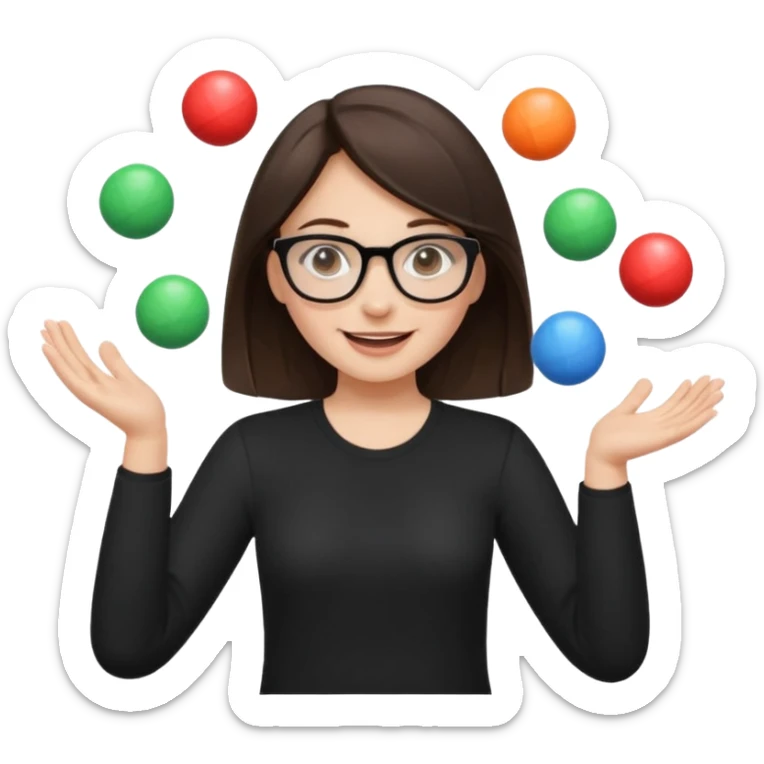 a brunette girl in a black shirt wearing glasses is  juggling  with two hands and smiling  sticker