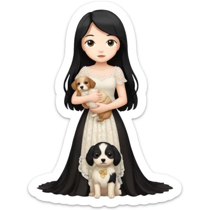 Pastel anime lady long hair with long lace dress full body holding puppy sticker