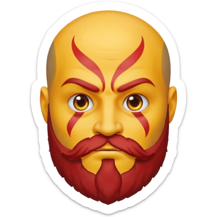 Kratos depicted as a yellow emoji, stern face, red tattoo, beard, classic round yellow emoji style sticker