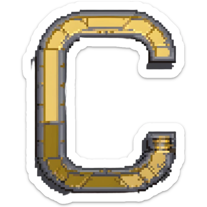 Pixelated letter C in various shades of gray, with golden pixel halo above it, 8-bit style sticker