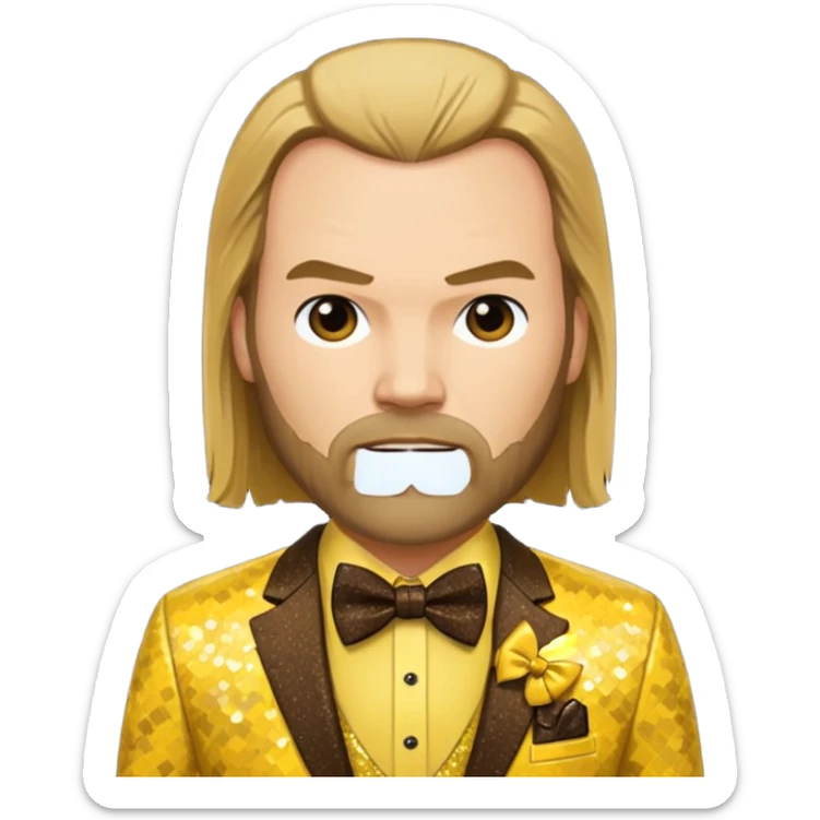Tyler Mane with long dark blonde hair, yellow shirt, brown sequin suit with bow tie sticker