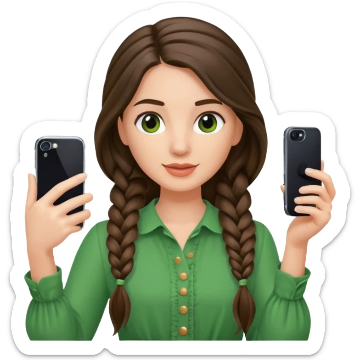 brunette long braided haired woman with green blouse holding her phone having selfie sticker