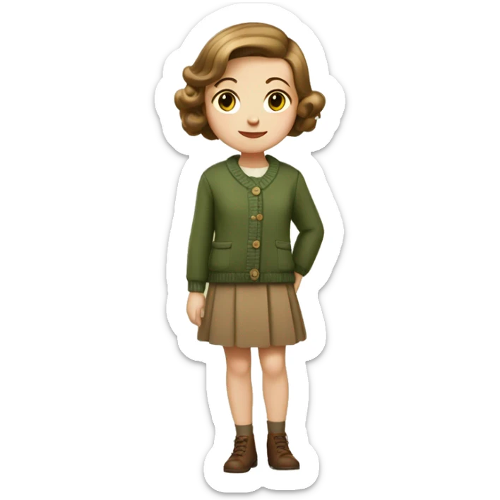 Very young girl with pale skin, straight, warm brown, short hair in a bob style, a brown 1940s dress with an earthy green cardigan sticker