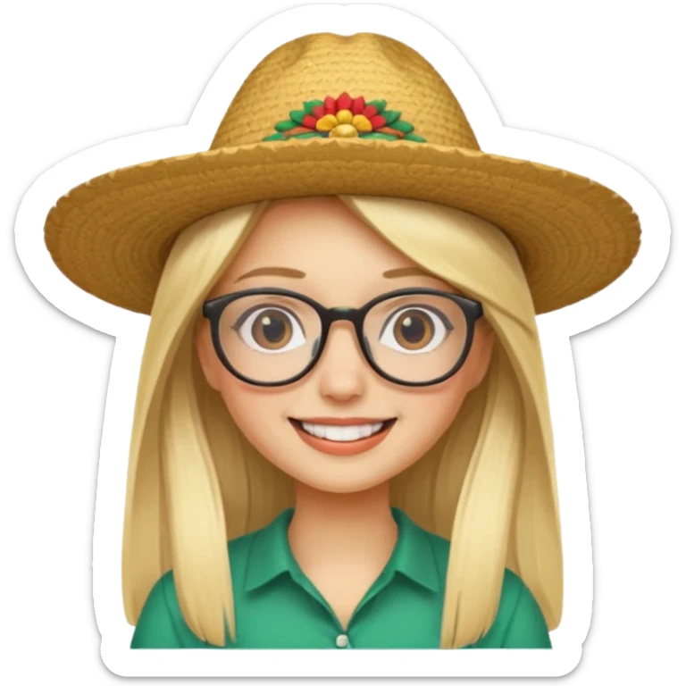 blonde girl with straight hair and glasses with a Mexican hat  sticker