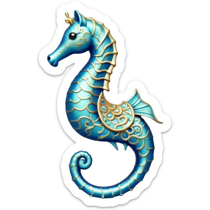 Cinematic Noble Sea Horse Portrait Emoji, Poised and elegant, with a delicate, upright body adorned with intricate, flowing patterns and a gracefully curled tail, with keen, expressive eyes, Simplified yet sharp and sophisticated features, highly detailed, glowing with a soft, aquatic luminescence, high shine, intelligent and refined, stylized with an air of ethereal marine grace, focused and poised, soft glowing outline, capturing the essence of a watchful and confident sea guardian that appears ready to drift out of the screen with effortless authority! sticker