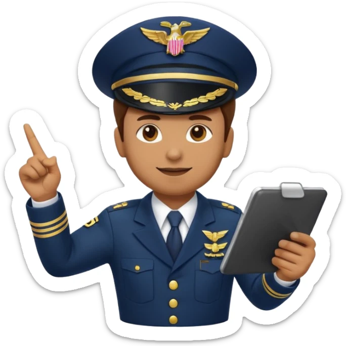 Slack-style emoji of a pilot wearing a navy captain hat with gold wings, pointing at a tablet or checklist with one hand, other hand ready or slightly raised, confident and attentive expression sticker