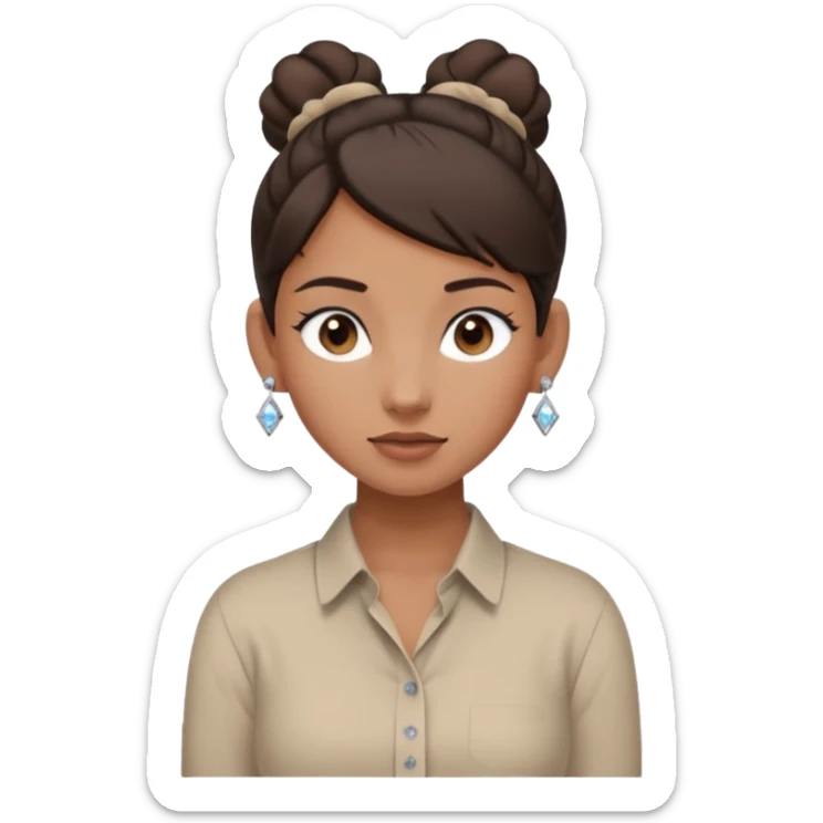 generate a pretty bratz girl with dark brown eyes. Dark brown hair tied in a single bun, tight beige button up shirt with top shirt open. diamond studs in ears. airpods in ear sticker