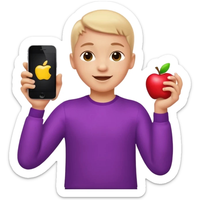 happy child dancing with a phone, arms crossed, apple style emoji sticker