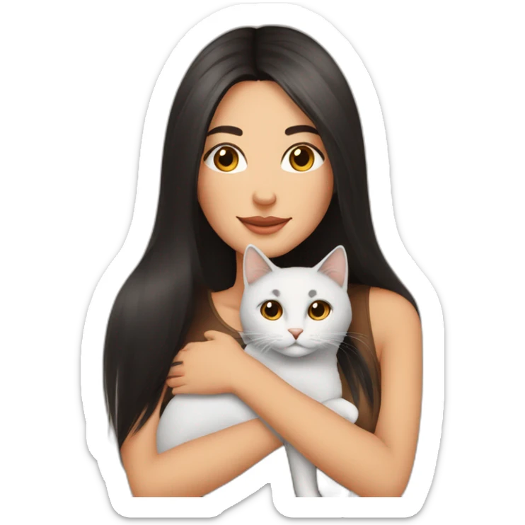 beautiful woman with dark long straight hair and brown eyes hugs a cat  sticker