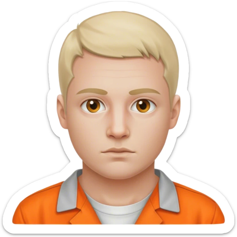 half portrait of white skin American prisoner in an orange uniform. very realistic and detailed sticker