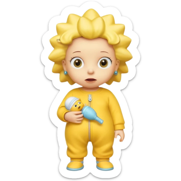 A 3D cartoon baby character yellow, yellow skin, styled like Maggie Simpson, with pacifier, yellow onesie, big eyes, smooth shading, Memoji-style rendering, consistent with other yellow Simpsons characters. sticker