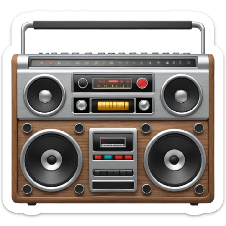 3D render of Boombox, vintage 1980s audio equipment aesthetic, tactile analog buttons, silver chrome body with black speakers, mixed wood grain and brushed aluminum textures, Apple emoji style, isolated on white background --v 6.0 sticker