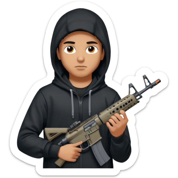 
Fais moi un jeune taliban qui ressemble qui tient une AR15 avec un hoodie a capuche, capuché, avec la cagoule nike therma fit hood sticker