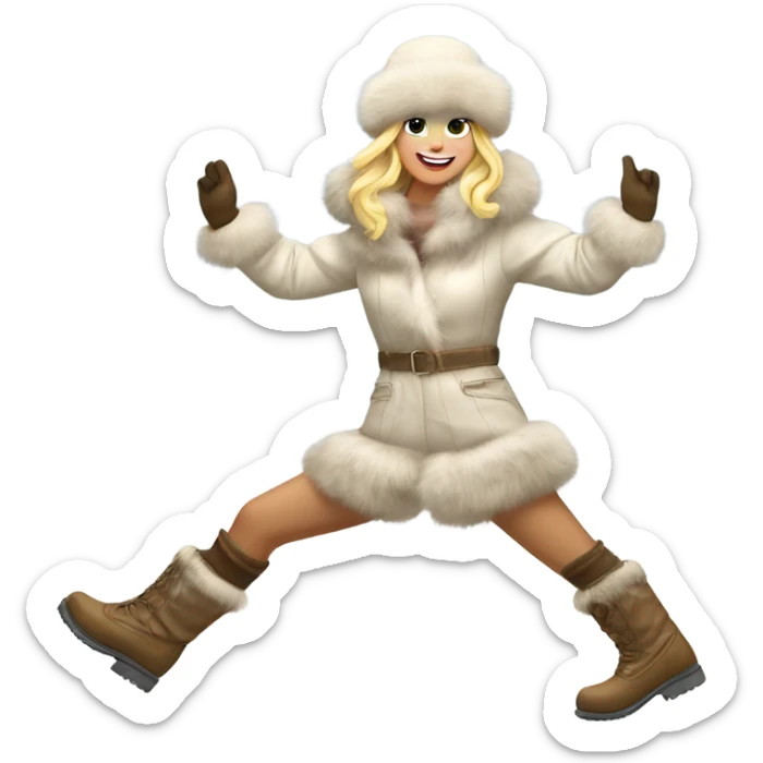 blonde girl in a fur hat dancing in the snow full body fur boots sticker
