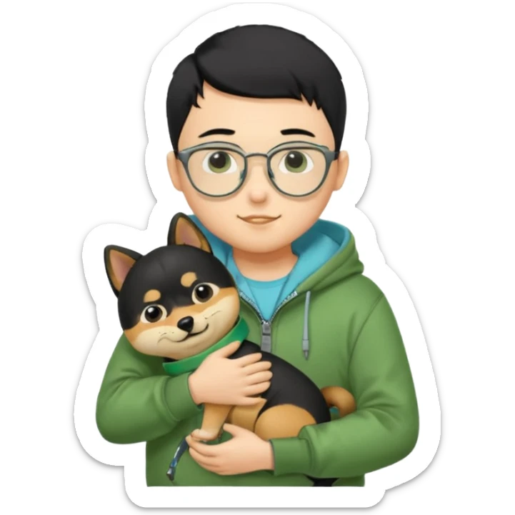 A yellow skin boy, black hair, buzzcut hairstyle, wearing tortoiseshell eyeglasses, green hoodie with zippers, light blue shirt inside, black trousers, black belt, hugging a very cute little black shiba inu sticker