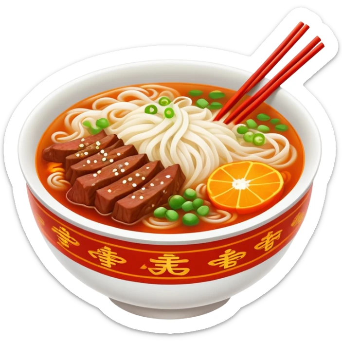 Jiangxi Rice Noodles with spicy beef soup, simplified emoji style with bold outlines and bright colors, cartoon style southern Chinese Fen specialty sticker
