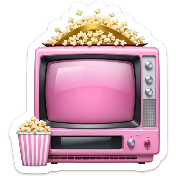 front view of transparent sparkly pink shiny CRT TV sitting on top of pink VCR, with pink/white rhinestone bucket of popcorn sitting next to it sticker