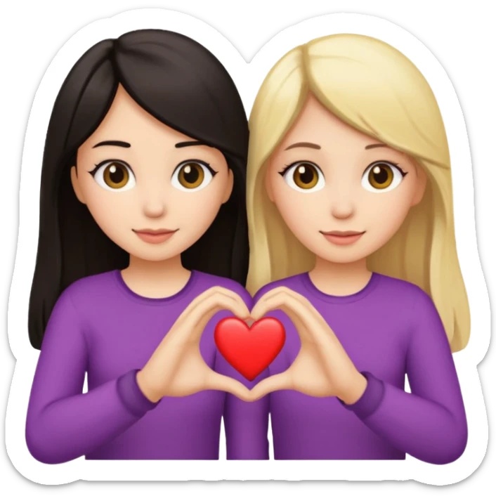 two girls making a heart with their hands, one with dark hair and one with blonde hair, best friends, emoji style sticker