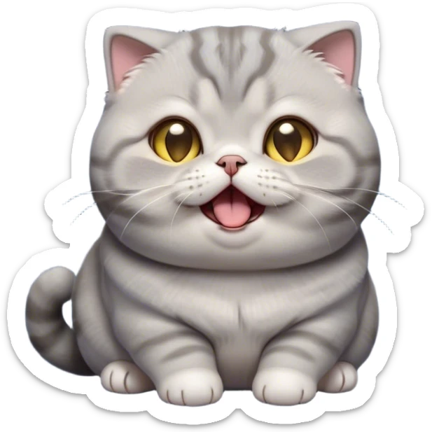 Cinematic Cute Chubby Grey Munchkin Scottish Fold Cat Portrait Emoji, Adorable folded ears and tiny, stubby legs making it irresistibly cute, round and plump body, head tilted playfully and yawning, sleek soft grey fur with subtle blue undertones, big, sparkling yellow eyes, Simplified yet adorable features, highly detailed, glowing with a warm, friendly glow, high shine, curious yet calm, stylized with a touch of whimsy, bright and endearing, soft glowing outline, capturing the essence of a mischievous yet loving and lazy kitty with its signature folded ears and tiny legs, so cute it feels like it could stretch out of the screen and cuddle! sticker