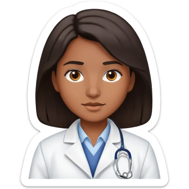 young doctor with dark hair and brown skin wearing a white coat sticker