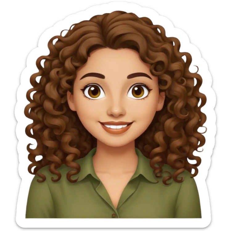 Mujer latina piel canela, cara redonda, cejas definidas, pelo muy largo rizado, peinado hacia atrás con bucles sueltos al frente. Sonrisa amplia, expresión alegre. Blusa verde olivo sticker