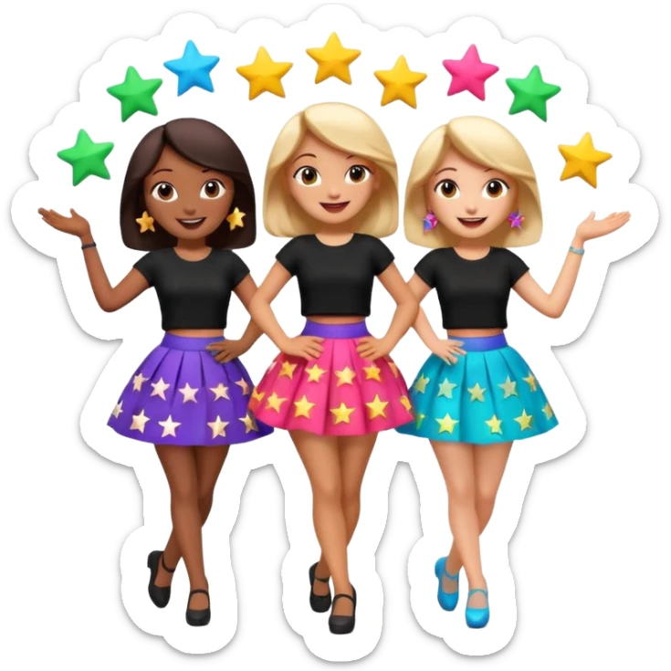 Three 3D cartoon women dancing in colorful skirts and black tops with stars, cheerful expressions, bright background, Memoji-style rendering. sticker