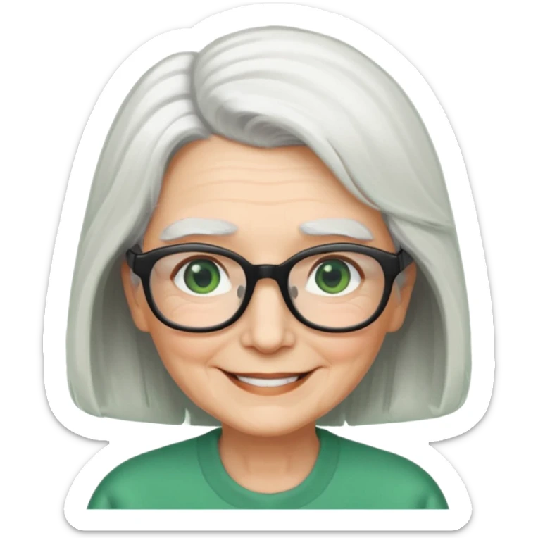 White hair grandma, green eyes, hair to shoulder, lokeg black glasses, rectangles face, smile , sticker