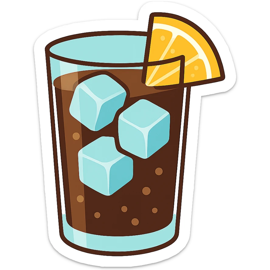 flat toon glass of cola with 3 ice cubes and a wedge of lemon sticker
