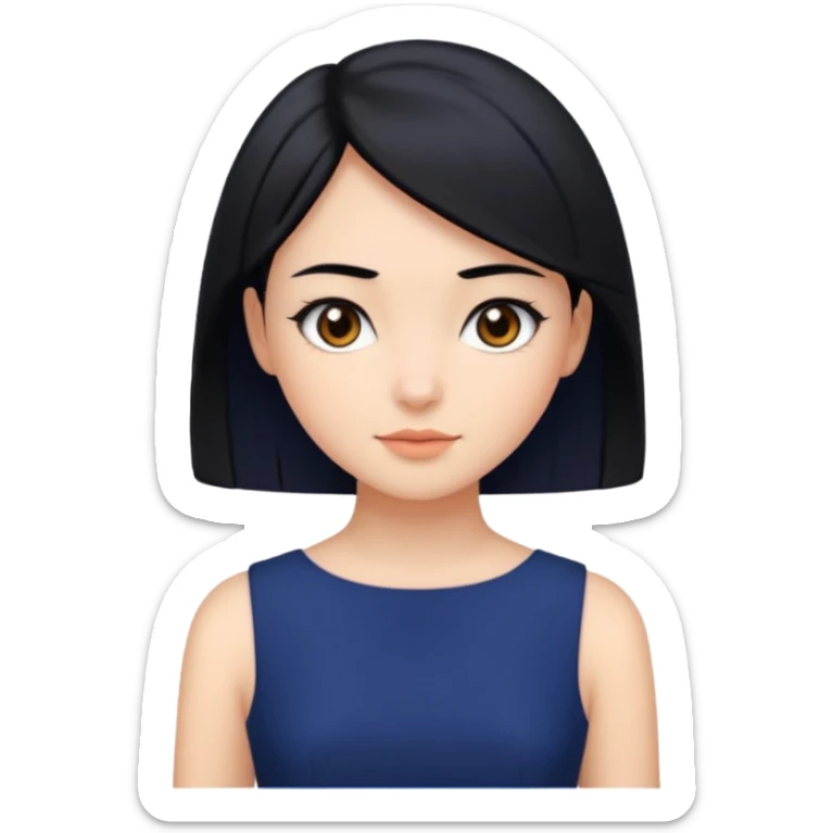 A girl with black hair, dark brown eyes, a beautiful face, short, straight hair to the shoulders, and a navy blue dress. sticker