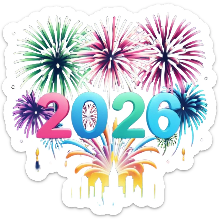 "Happy New Year 2026" in backdrop of colourful fireworks in outline  sticker