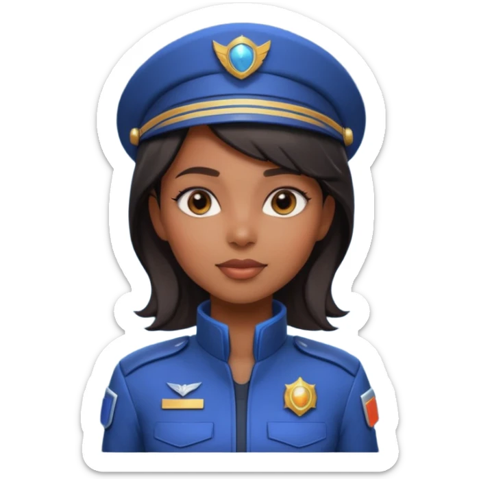 cute Black female spaceship captain portrait, head and shoulders only, futuristic uniform, captain badge, confident expression, 3D cartoon, mobile game icon style, clean background, no text, no watermark sticker
