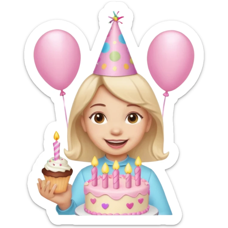birthday girl emoji with cute baby pink font and a cake sticker