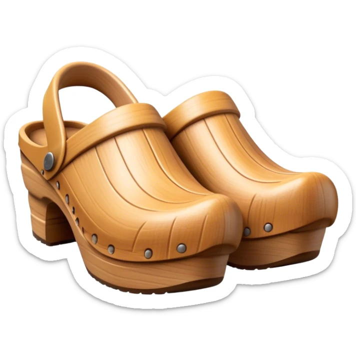 Cinematic Realistic Wooden Clogs Emoji, depicting the classic handcrafted footwear with a smooth, curved design and sturdy wooden soles, rendered with rich textures and warm, natural lighting. sticker
