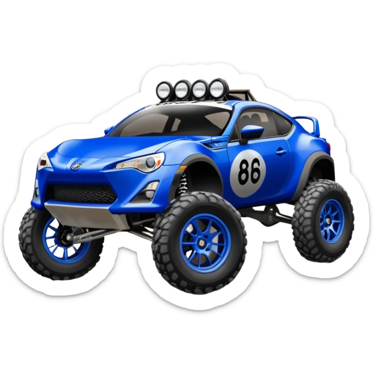 2013 scion fr-s ultramarine off road 4wd monster Baja dessert stadium racer number 86 with large fancy silver wheels and long travel suspension  sticker