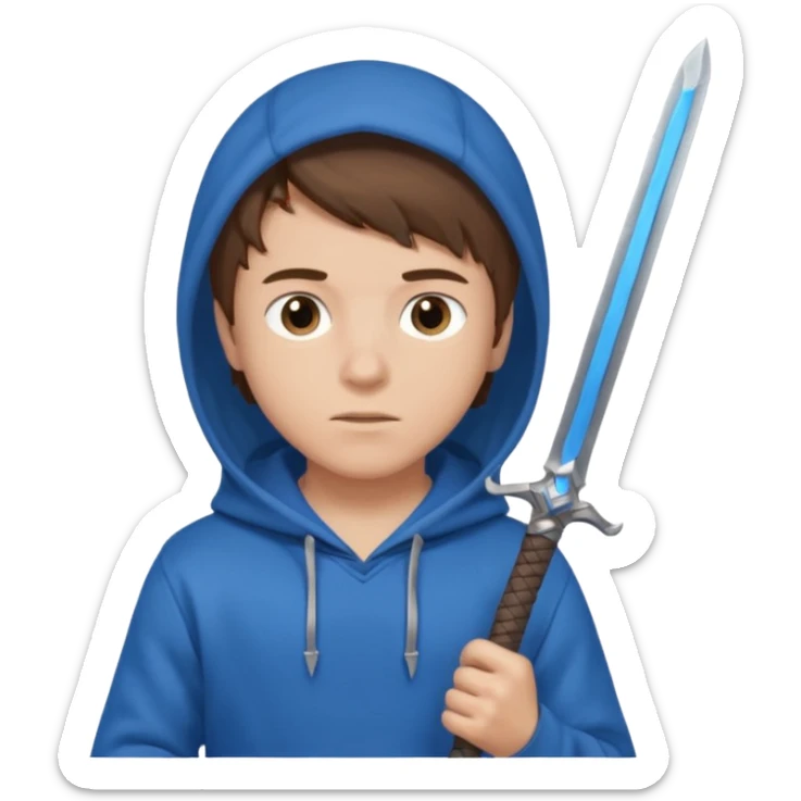 make a boy with brown hair and a blue hoodie and add a blue sword too sticker