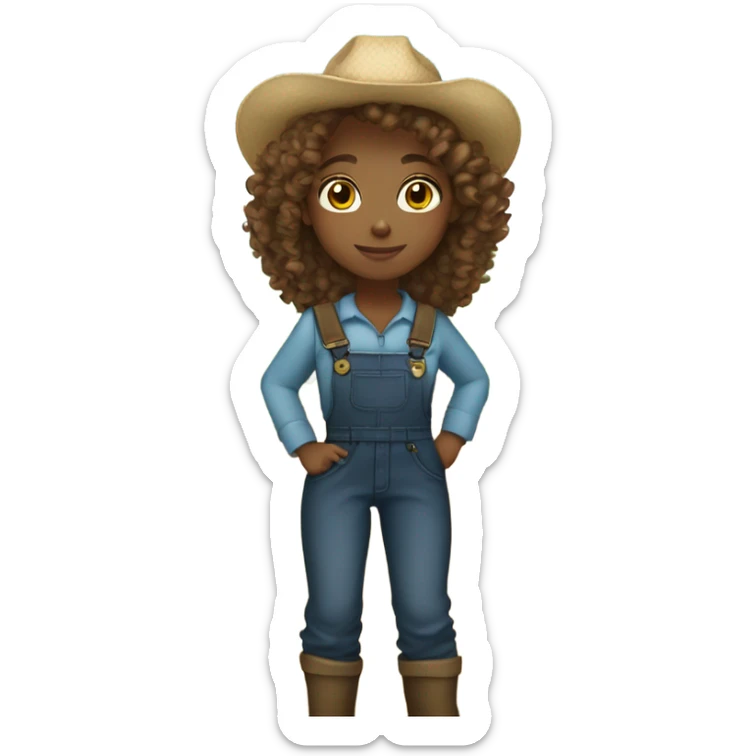 full body farmer girl standing, light skin tone, brown curly hair, dark eyes sticker